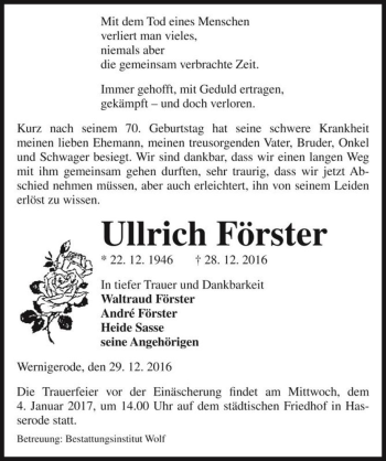 Traueranzeige von Ullrich Förster  von Magdeburger Volksstimme