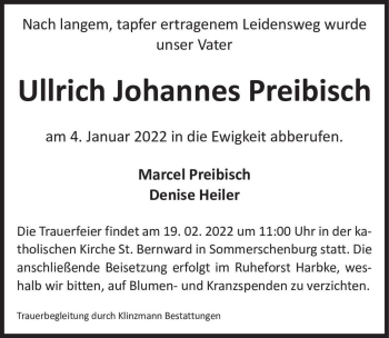 Traueranzeige von Ullrich Johannes Preibisch  von Magdeburger Volksstimme