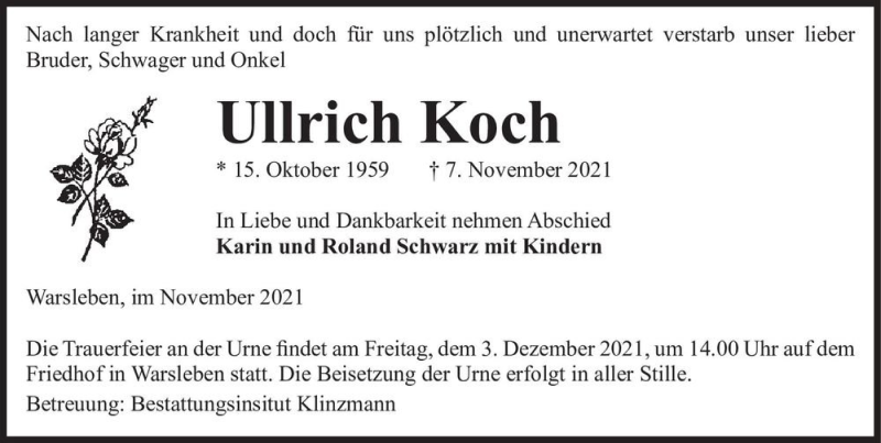 Traueranzeige für Ullrich Koch  vom 16.11.2021 aus Magdeburger Volksstimme