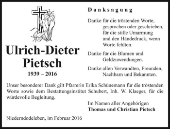 Traueranzeige von Ulrich-Dieter Pietsch  von Magdeburger Volksstimme