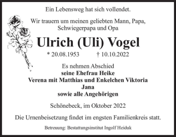 Traueranzeige von Ulrich (Uli) Vogel  von Magdeburger Volksstimme