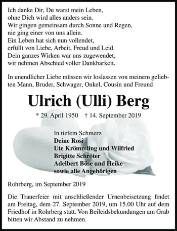 Traueranzeige von Ulrich (Ulli) Berg  von Magdeburger Volksstimme
