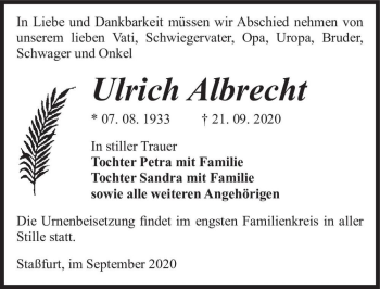 Traueranzeige von Ulrich Albrecht  von Magdeburger Volksstimme
