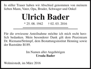 Traueranzeige von Ulrich Bader  von Magdeburger Volksstimme