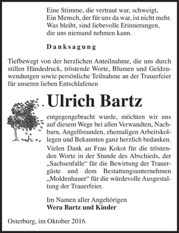 Traueranzeige von Ulrich Bartz  von Magdeburger Volksstimme