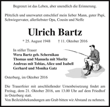 Traueranzeige von Ulrich Bartz  von Magdeburger Volksstimme