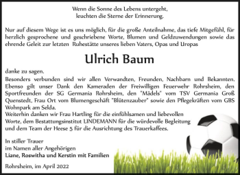 Traueranzeige von Ulrich Baum  von Magdeburger Volksstimme