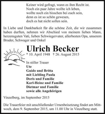 Traueranzeige von Ulrich Becker  von Magdeburger Volksstimme