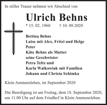 Traueranzeige von Ulrich Behns  von Magdeburger Volksstimme