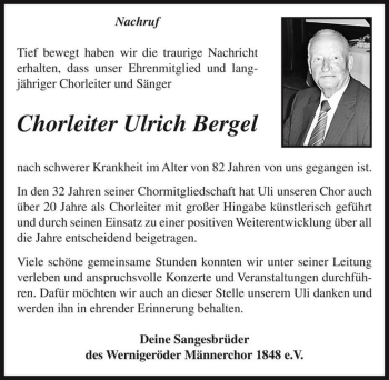 Traueranzeige von Ulrich Bergel  von Magdeburger Volksstimme