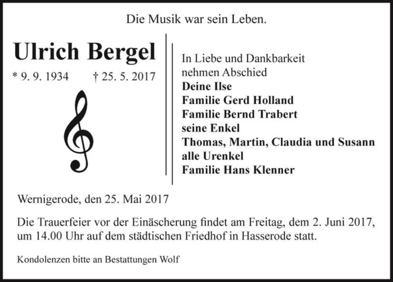  Traueranzeige für Ulrich Bergel  vom 27.05.2017 aus Magdeburger Volksstimme