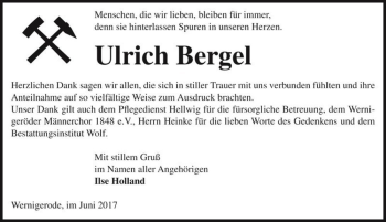 Traueranzeige von Ulrich Bergel  von Magdeburger Volksstimme