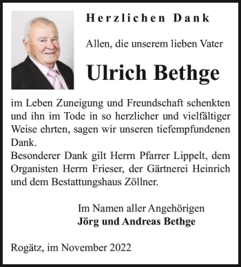 Traueranzeige von Ulrich Bethge  von Magdeburger Volksstimme