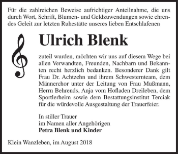 Traueranzeige von Ulrich Blenk  von Magdeburger Volksstimme