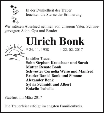 Traueranzeige von Ulrich Bonk  von Magdeburger Volksstimme