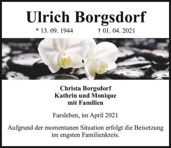Traueranzeige von Ulrich Borgsdorf  von Magdeburger Volksstimme