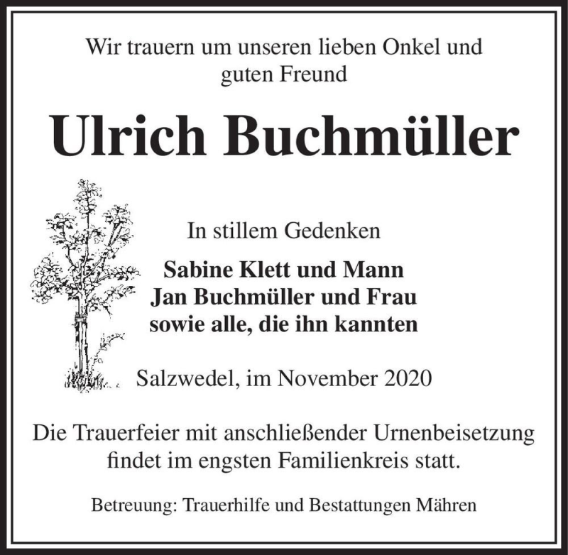  Traueranzeige für Ulrich Buchmüller  vom 25.11.2020 aus Magdeburger Volksstimme