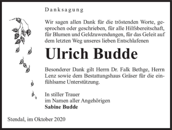 Traueranzeige von Ulrich Budde  von Magdeburger Volksstimme