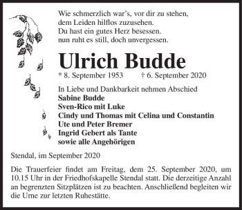 Traueranzeige von Ulrich Budde  von Magdeburger Volksstimme