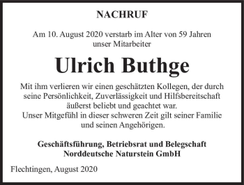 Traueranzeige von Ulrich Buthge  von Magdeburger Volksstimme