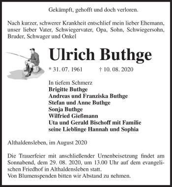 Traueranzeige von Ulrich Buthge  von Magdeburger Volksstimme