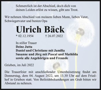Traueranzeige von Ulrich Bäck  von Magdeburger Volksstimme