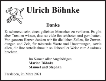 Traueranzeige von Ulrich Böhnke  von Magdeburger Volksstimme