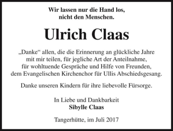Traueranzeige von Ulrich Claas  von Magdeburger Volksstimme