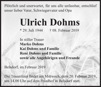 Traueranzeige von Ulrich Dohms  von Magdeburger Volksstimme