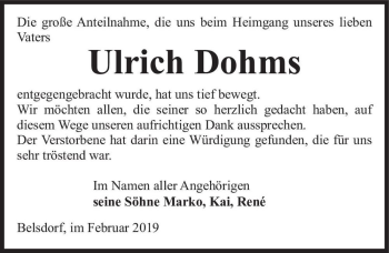 Traueranzeige von Ulrich Dohms  von Magdeburger Volksstimme