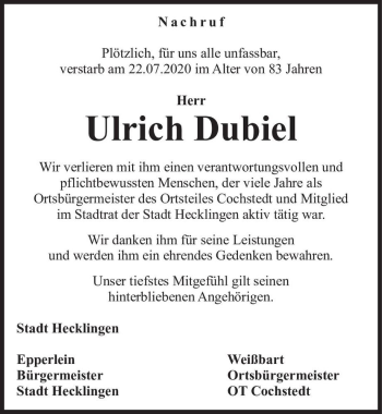 Traueranzeige von Ulrich Dubiel  von Magdeburger Volksstimme