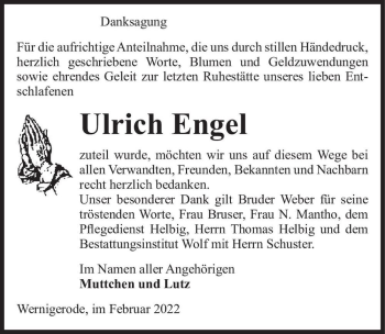 Traueranzeige von Ulrich Engel  von Magdeburger Volksstimme