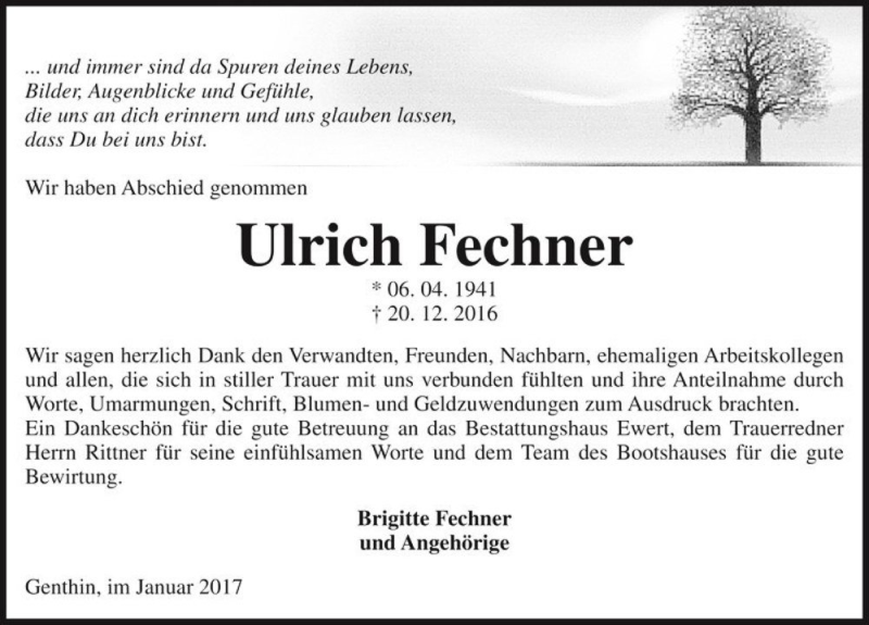  Traueranzeige für Ulrich Fechner  vom 21.01.2017 aus Magdeburger Volksstimme