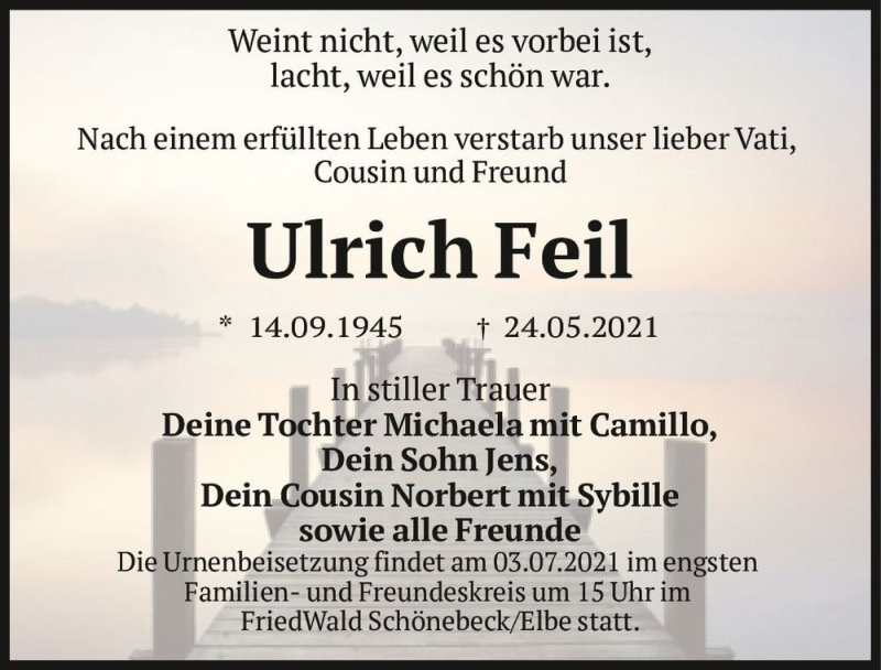  Traueranzeige für Ulrich Feil  vom 12.06.2021 aus Magdeburger Volksstimme