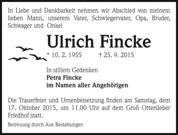 Traueranzeige von Ulrich Fincke  von Magdeburger Volksstimme
