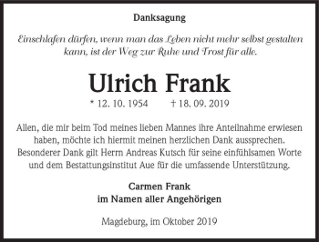 Traueranzeige von Ulrich Frank  von Magdeburger Volksstimme