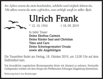 Traueranzeige von Ulrich Frank  von Magdeburger Volksstimme