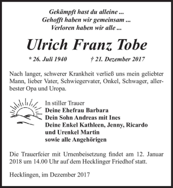 Traueranzeige von Ulrich Franz Tobe  von Magdeburger Volksstimme