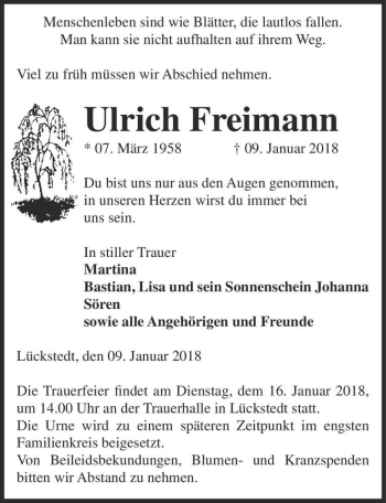 Traueranzeige von Ulrich Freimann  von Magdeburger Volksstimme