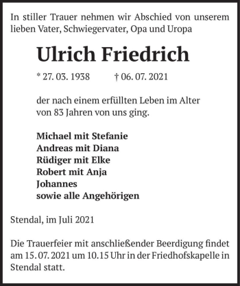 Traueranzeige von Ulrich Friedrich  von Magdeburger Volksstimme