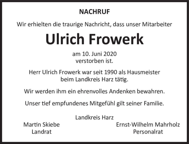  Traueranzeige für Ulrich Frowerk  vom 20.06.2020 aus Magdeburger Volksstimme
