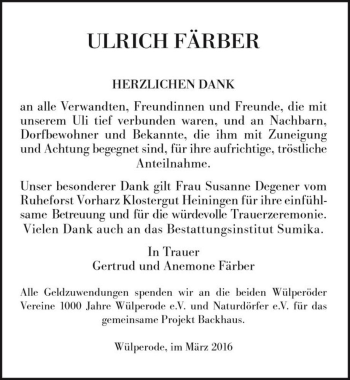 Traueranzeige von Ulrich Färber  von Magdeburger Volksstimme