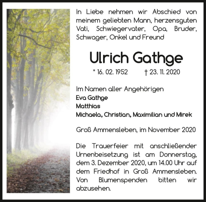  Traueranzeige für Ulrich Gathge  vom 28.11.2020 aus Magdeburger Volksstimme