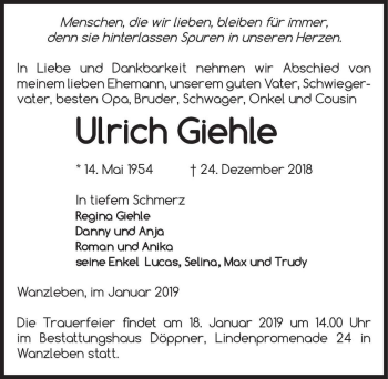 Traueranzeige von Ulrich Giehle  von Magdeburger Volksstimme