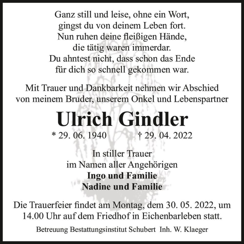  Traueranzeige für Ulrich Gindler  vom 21.05.2022 aus Magdeburger Volksstimme