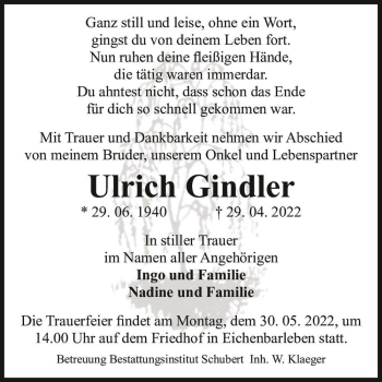 Traueranzeige von Ulrich Gindler  von Magdeburger Volksstimme