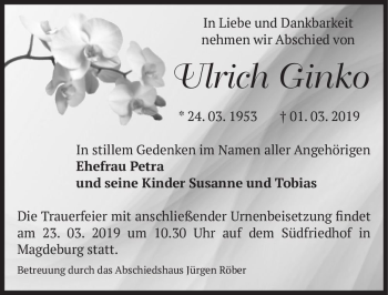 Traueranzeige von Ulrich Ginko  von Magdeburger Volksstimme