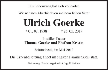 Traueranzeige von Ulrich Goerke  von Magdeburger Volksstimme