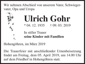 Traueranzeige von Ulrich Gohr  von Magdeburger Volksstimme