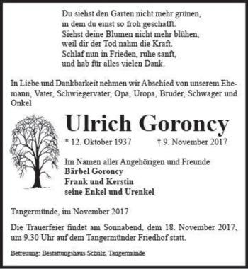 Traueranzeige von Ulrich Goroncy  von Magdeburger Volksstimme